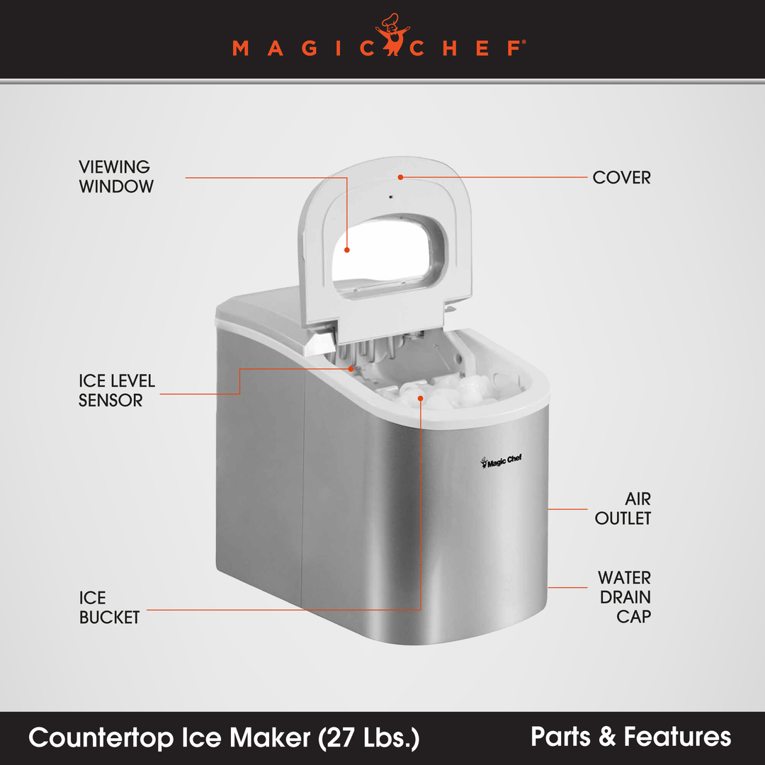 Magic Chef Portable Countertop Ice Maker, 27 Pounds Per Day, Silver (For Parts)