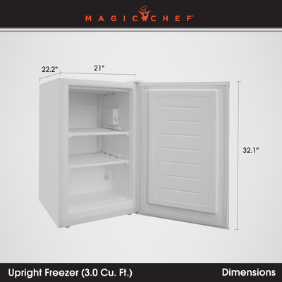 Magic Chef MCUF3W2 3 Cubic Ft Deep Small Mini Adjustable Upright Freezer, White