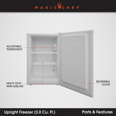 Magic Chef 3 Cu Ft Deep Small Mini Adjustable Upright Freezer, White (Open Box)