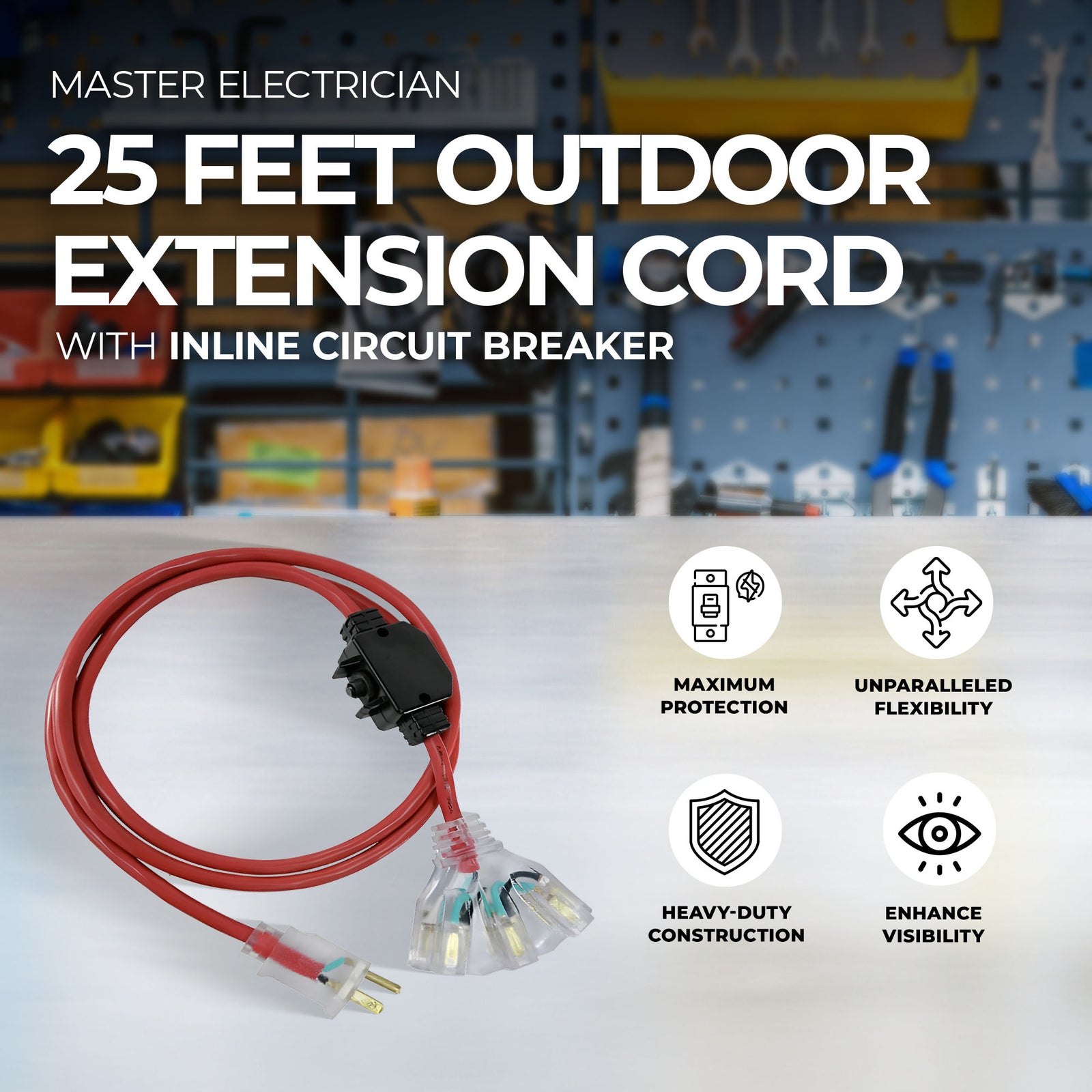 Master Electrician 25 Feet Outdoor Extension Cord with Inline Circuit Breaker - VMInnovations