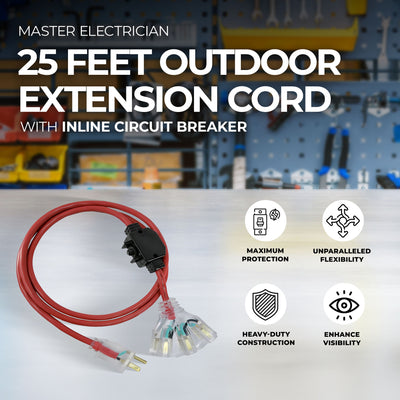 Master Electrician 25 Feet Outdoor Extension Cord with Inline Circuit Breaker