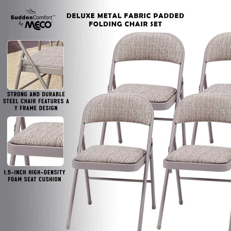 MECO Sudden Comfort Deluxe Metal Fabric Padded Folding Chair Set, Gray (4 Pack)