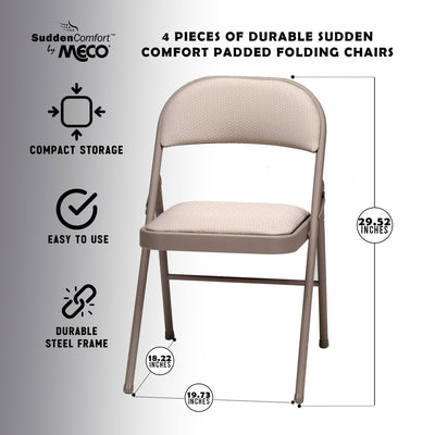 MECO Sudden Comfort Deluxe Metal Fabric Padded Folding Chair, Sand Tan (4 Pack)