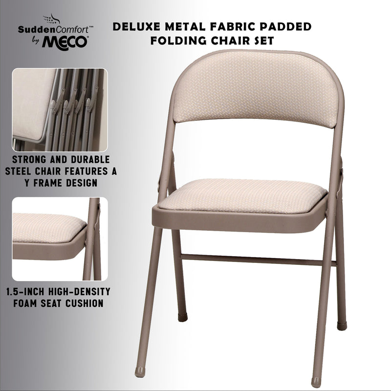 MECO Sudden Comfort Deluxe Metal Fabric Padded Folding Chair, Sand Tan (4 Pack)