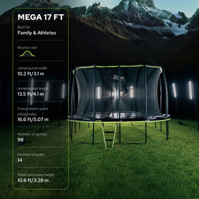 JumpFlex 17' Trampoline MEGA Outdoor Playset with Net and Ladder, Green/Black