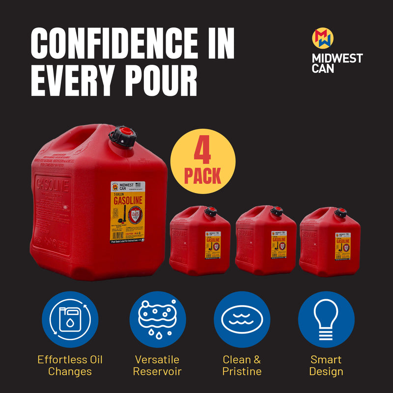 Midwest Can Company 5610 5 Gallon Gas Can Fuel Container Jugs w/ Spout (4 Pack)