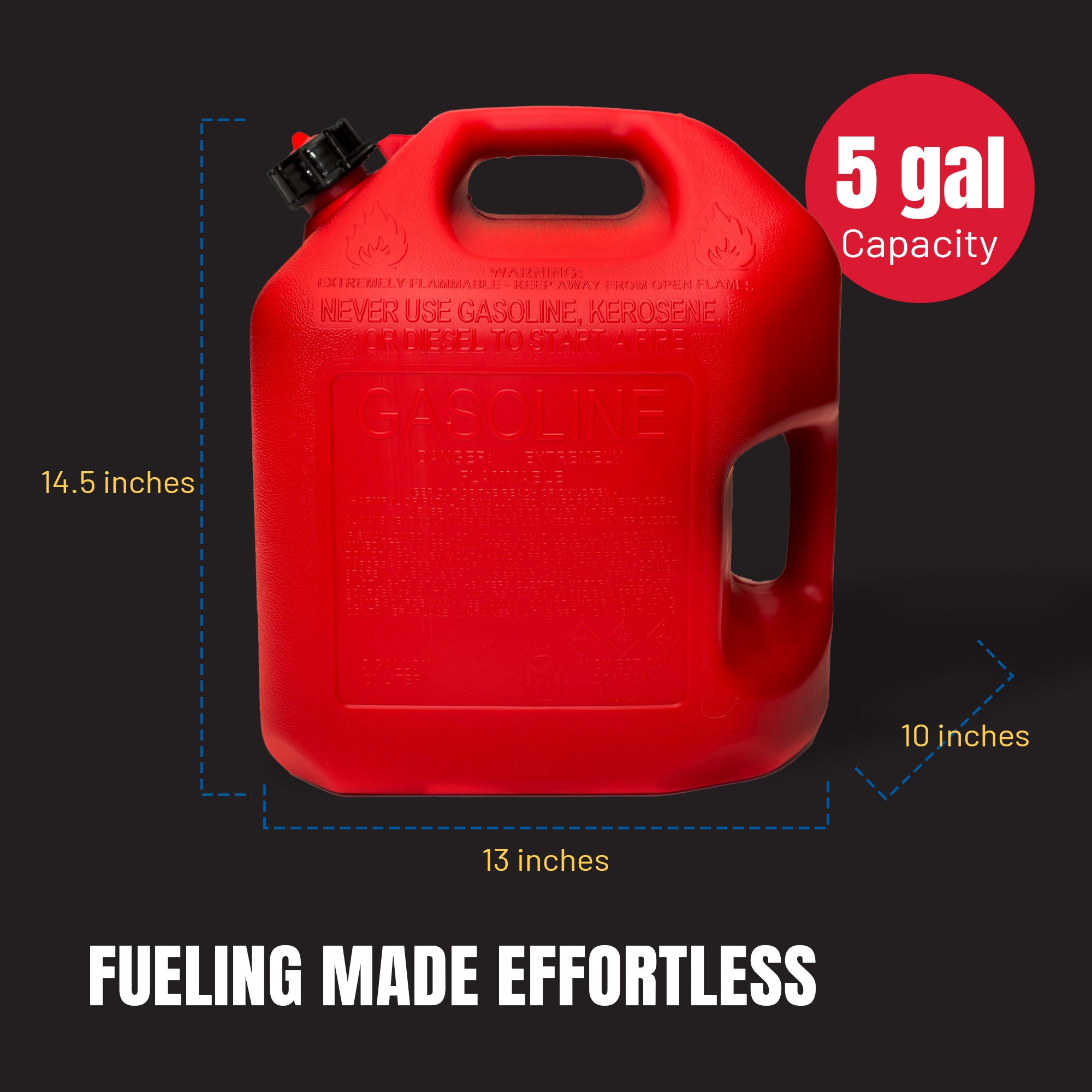 Midwest Can Company 5610 5-Gallon Gas Can Fuel Container Jug w/ Quick-Flow Spout - VMInnovations