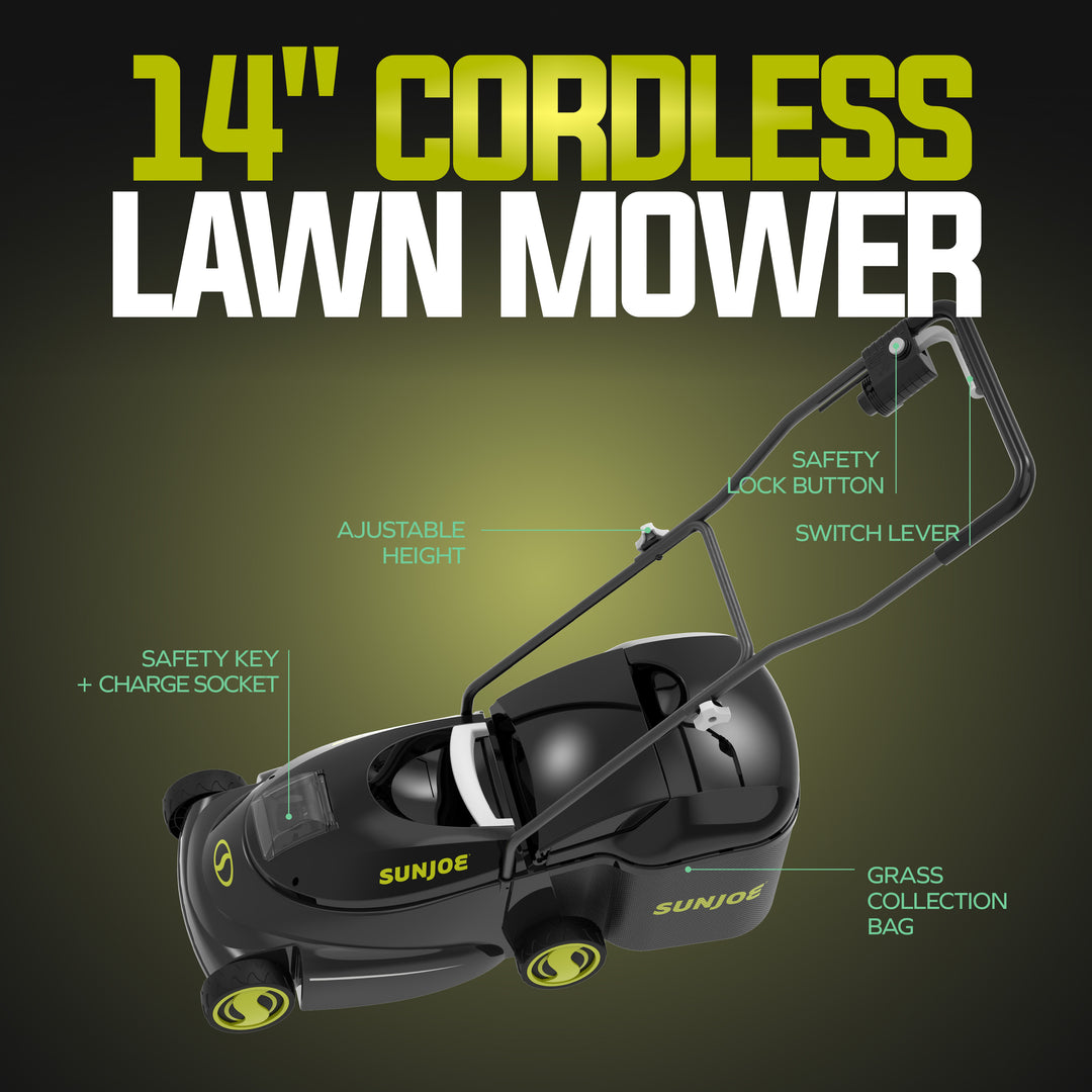 Sun Joe 28V Cordless Electric 14" Push Behind Lawn Grass Mower, Green, MJ401C