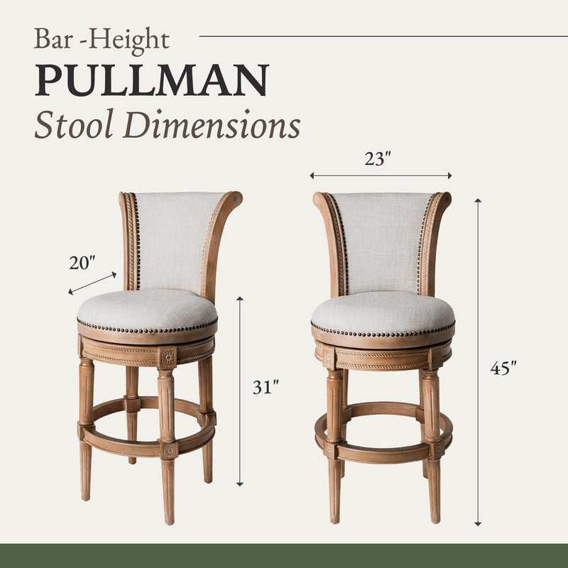 Maven Lane Pullman Bar Stool, Weathered Oak Finish w/ Sand Color Fabric Upholstery