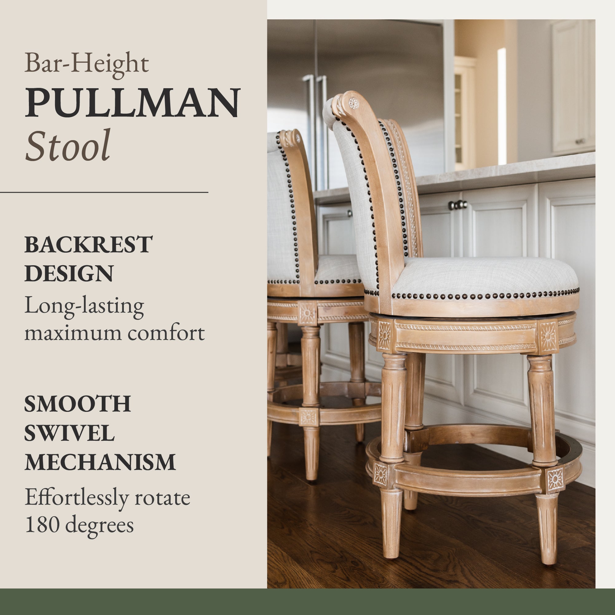 Maven Lane Pullman Bar Stool, Weathered Oak Finish w/ Sand Color Fabric Upholstery - VMInnovations