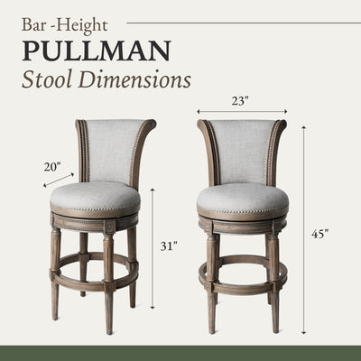 Maven Lane Pullman Bar Stool, Reclaimed Oak Finish w/ Ash Grey Fabric Upholstery