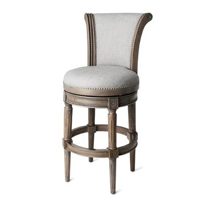 Maven Lane Pullman Bar Stool, Reclaimed Oak Finish w/ Ash Grey Fabric Upholstery