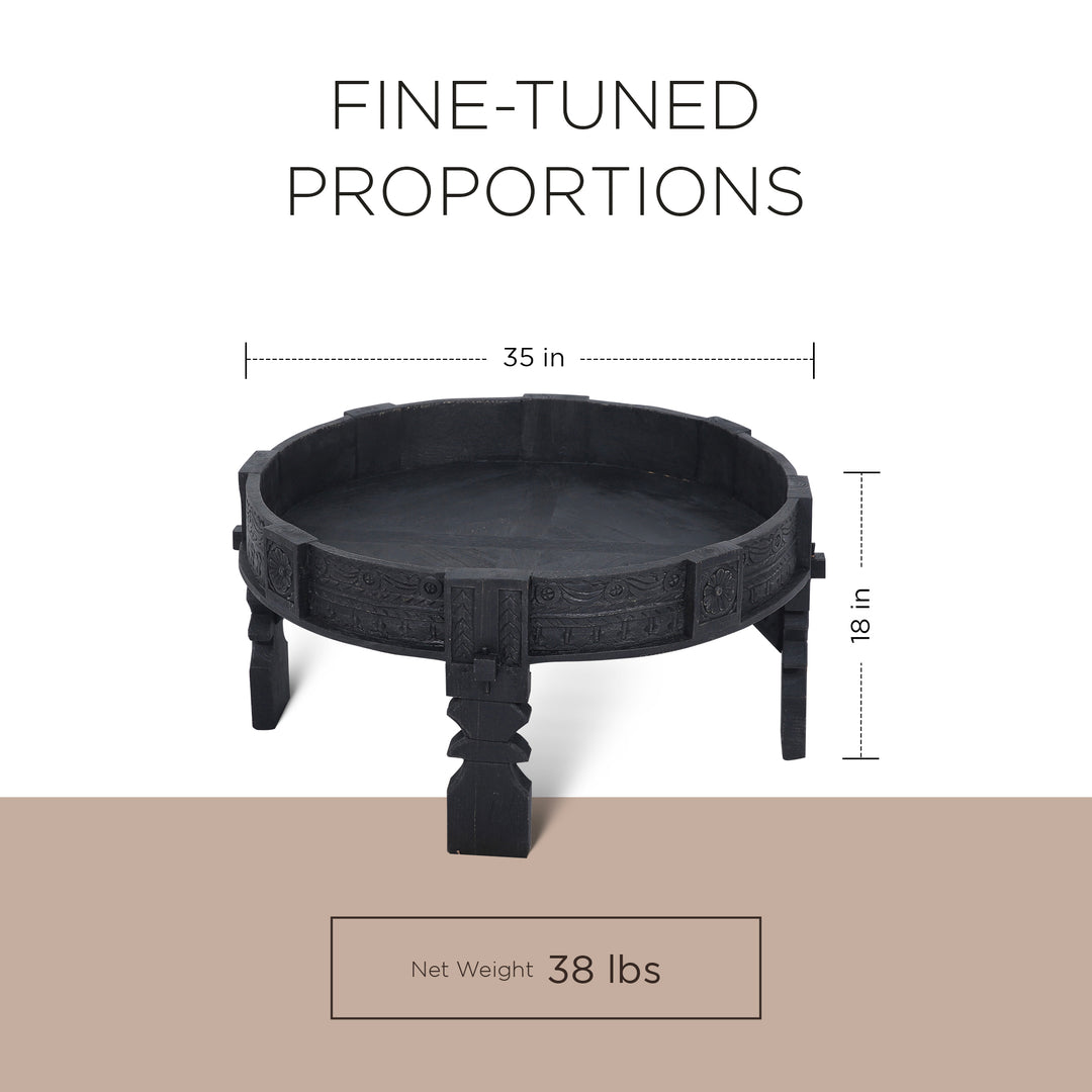 Jaya Nomad Wooden Round Coffee Table in Black Distressed Finish - VMInnovations