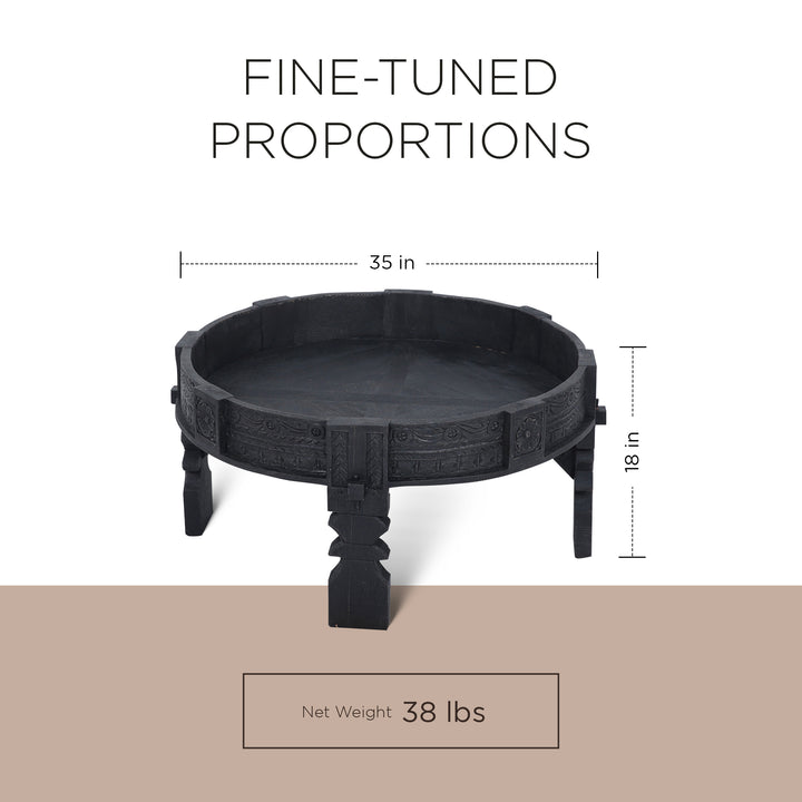 Jaya Nomad Wooden Round Coffee Table in Black Distressed Finish - VMInnovations