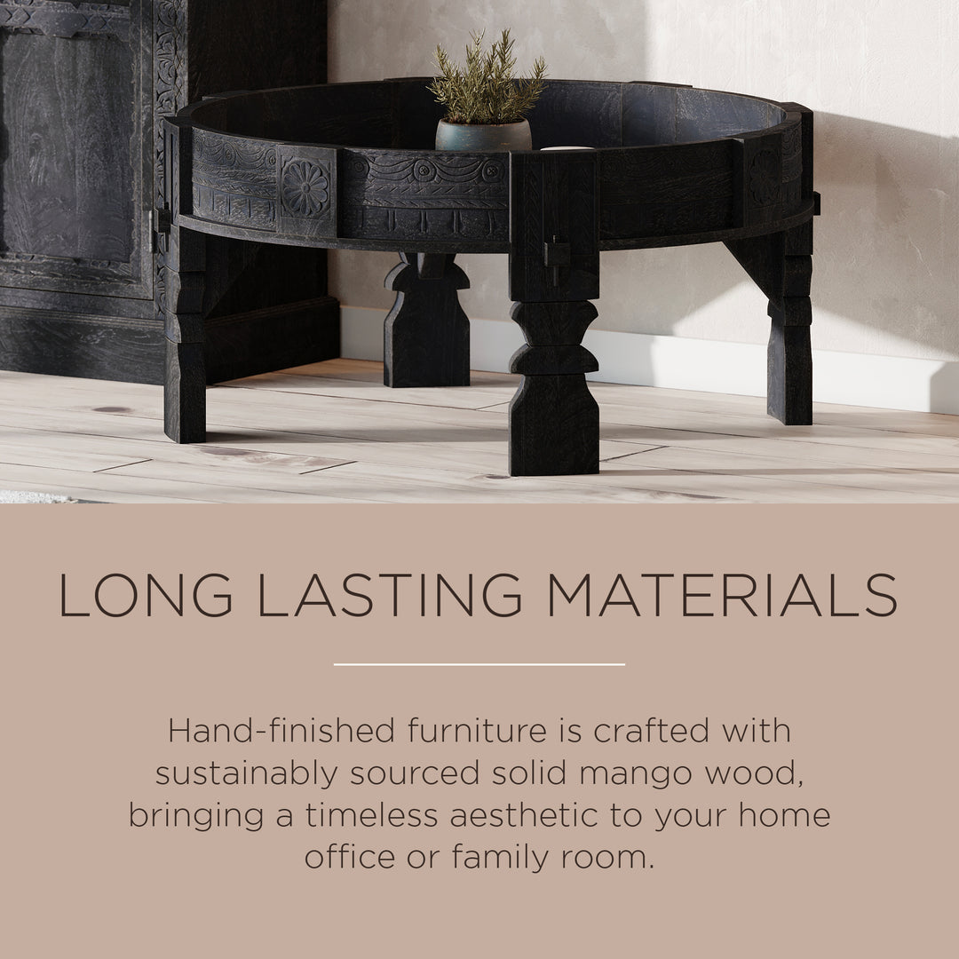 Jaya Nomad Wooden Round Coffee Table in Black Distressed Finish - VMInnovations