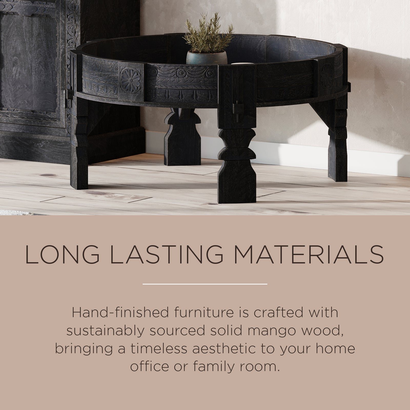 Jaya Nomad Wooden Round Coffee Table in Black Distressed Finish - VMInnovations