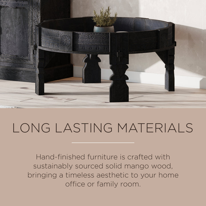 Jaya Nomad Wooden Round Coffee Table in Black Distressed Finish - VMInnovations