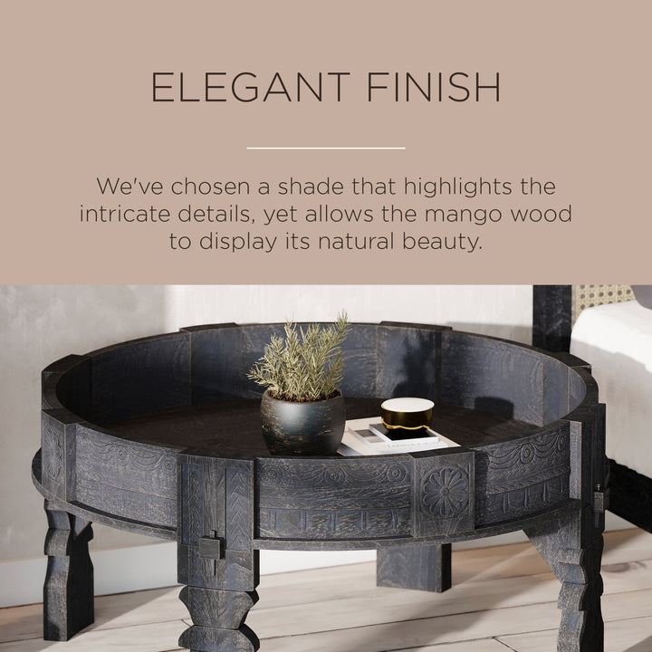 Jaya Nomad Wooden Round Coffee Table in Black Distressed Finish - VMInnovations