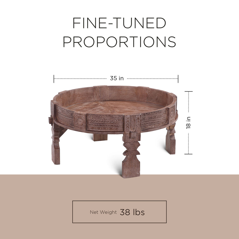 Jaya Nomad Wooden Round Coffee Table in Brown Distressed Finish