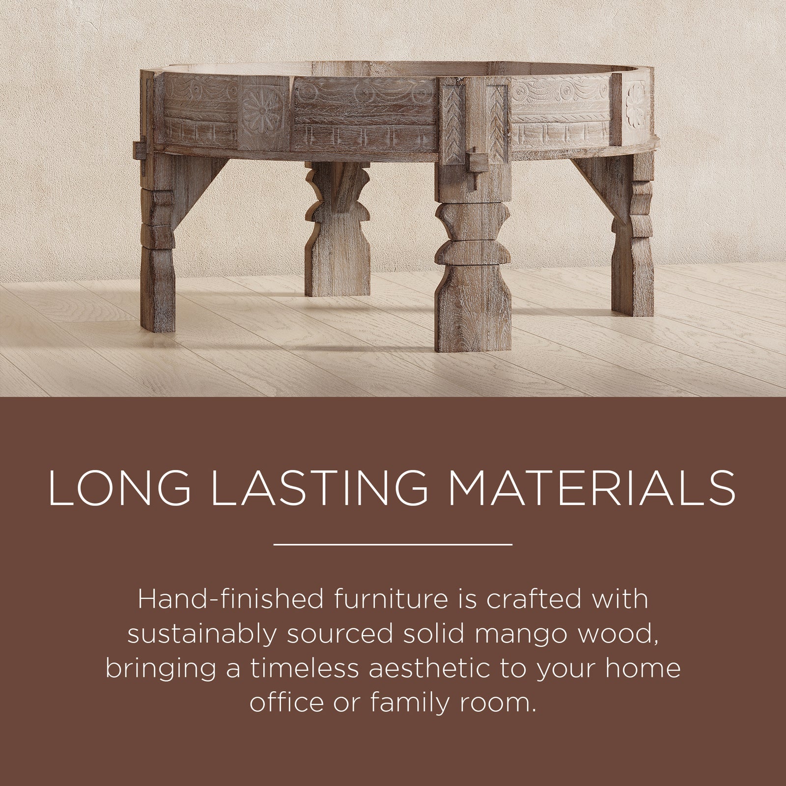 Jaya Nomad Wooden Round Coffee Table in Distressed Natural Finish - VMInnovations