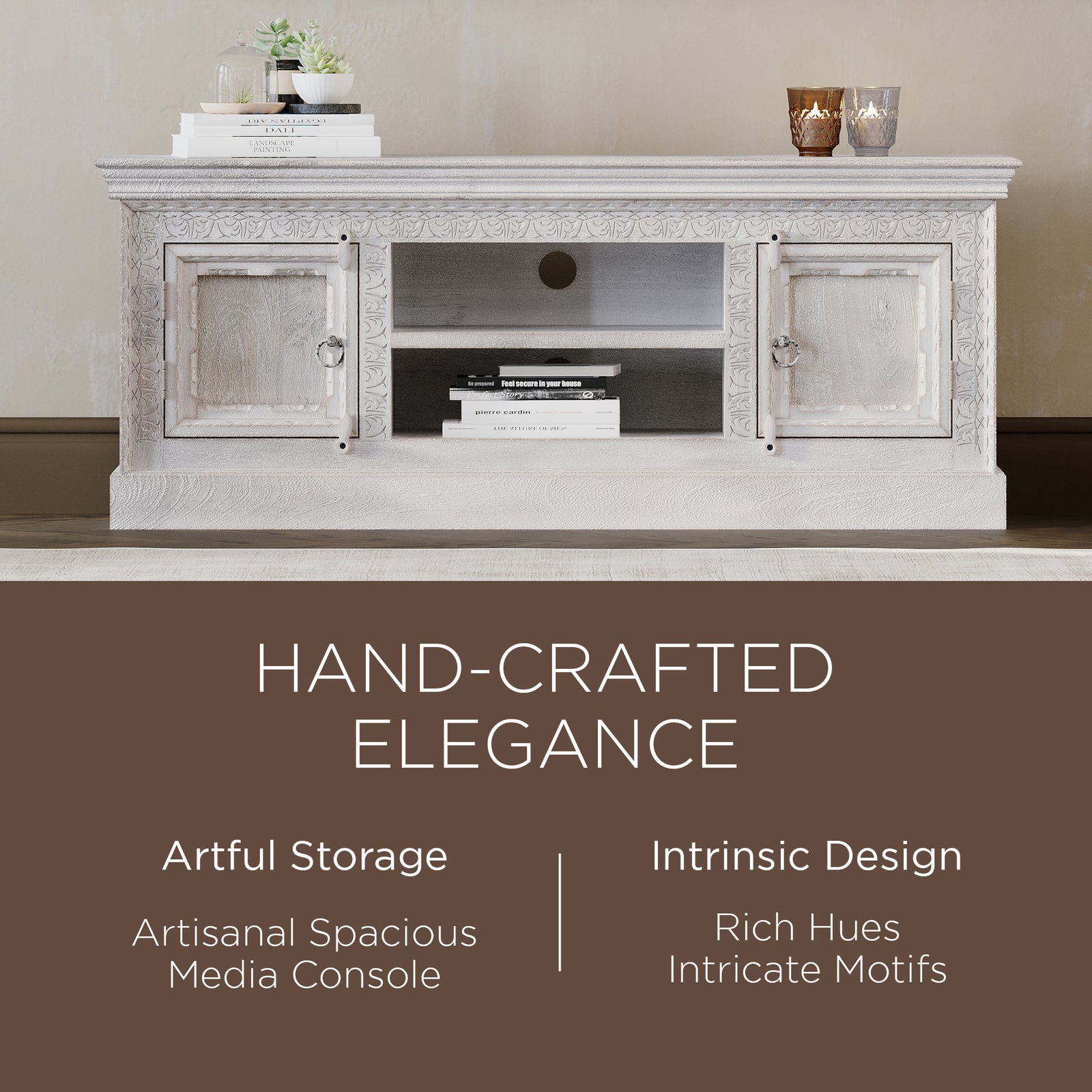 Maven Lane Handmade Wooden Media Unit in White Distressed Finish (Open Box) - VMInnovations