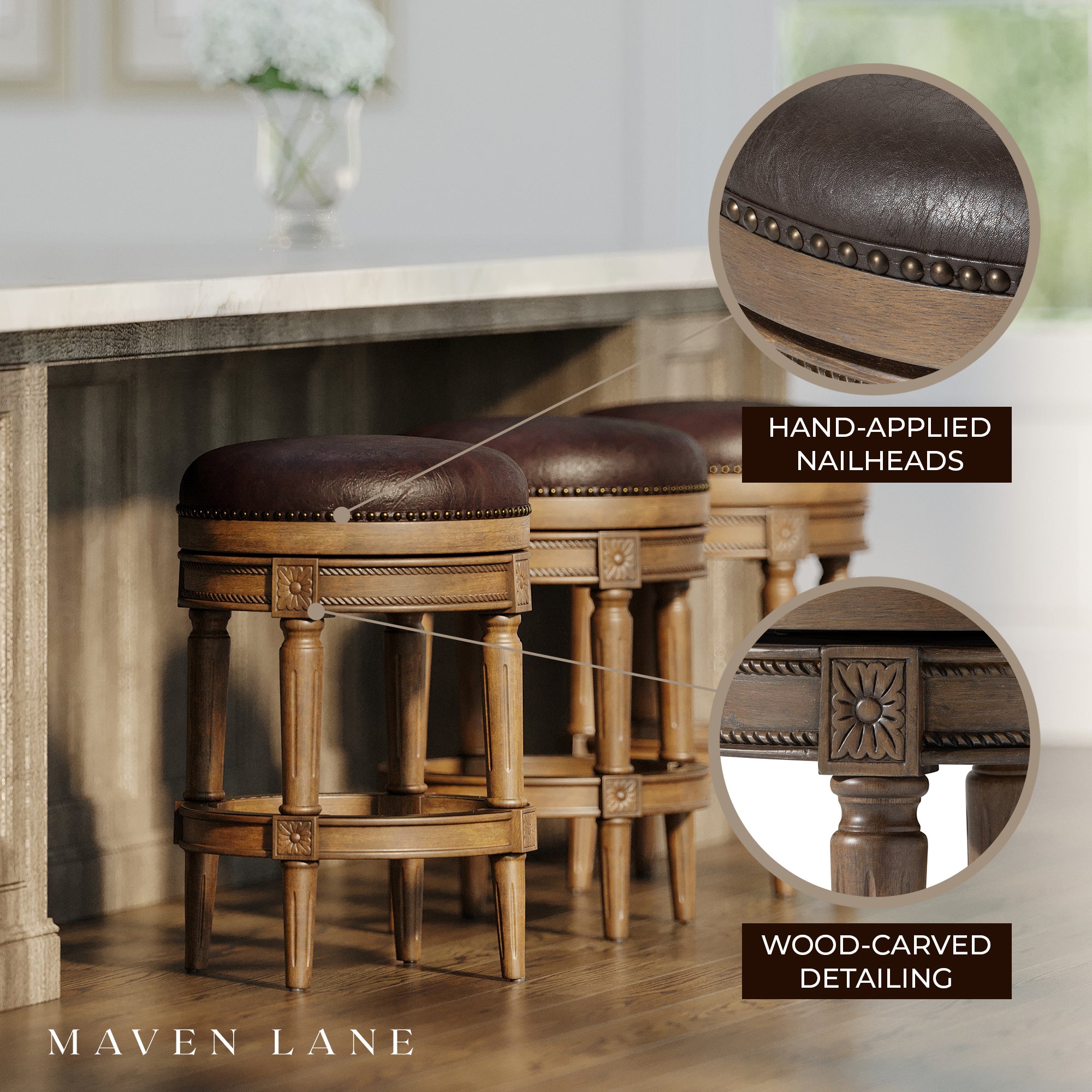 Maven Lane Pullman Backless Counter Stool in Walnut Finish w/ Marksman Saddle Vegan Leather, Set of 3 - VMInnovations