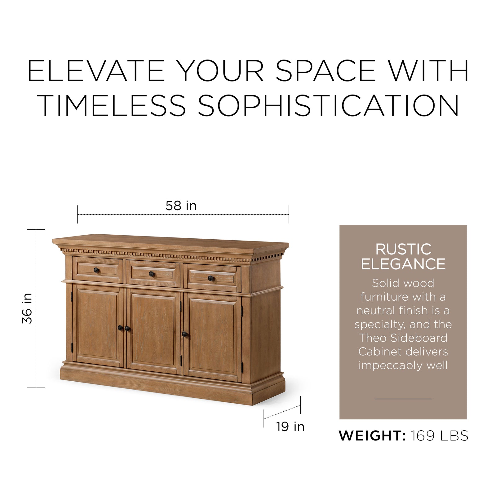 Maven Lane Theo Traditional Wooden Sideboard in Antiqued Natural Finish - VMInnovations