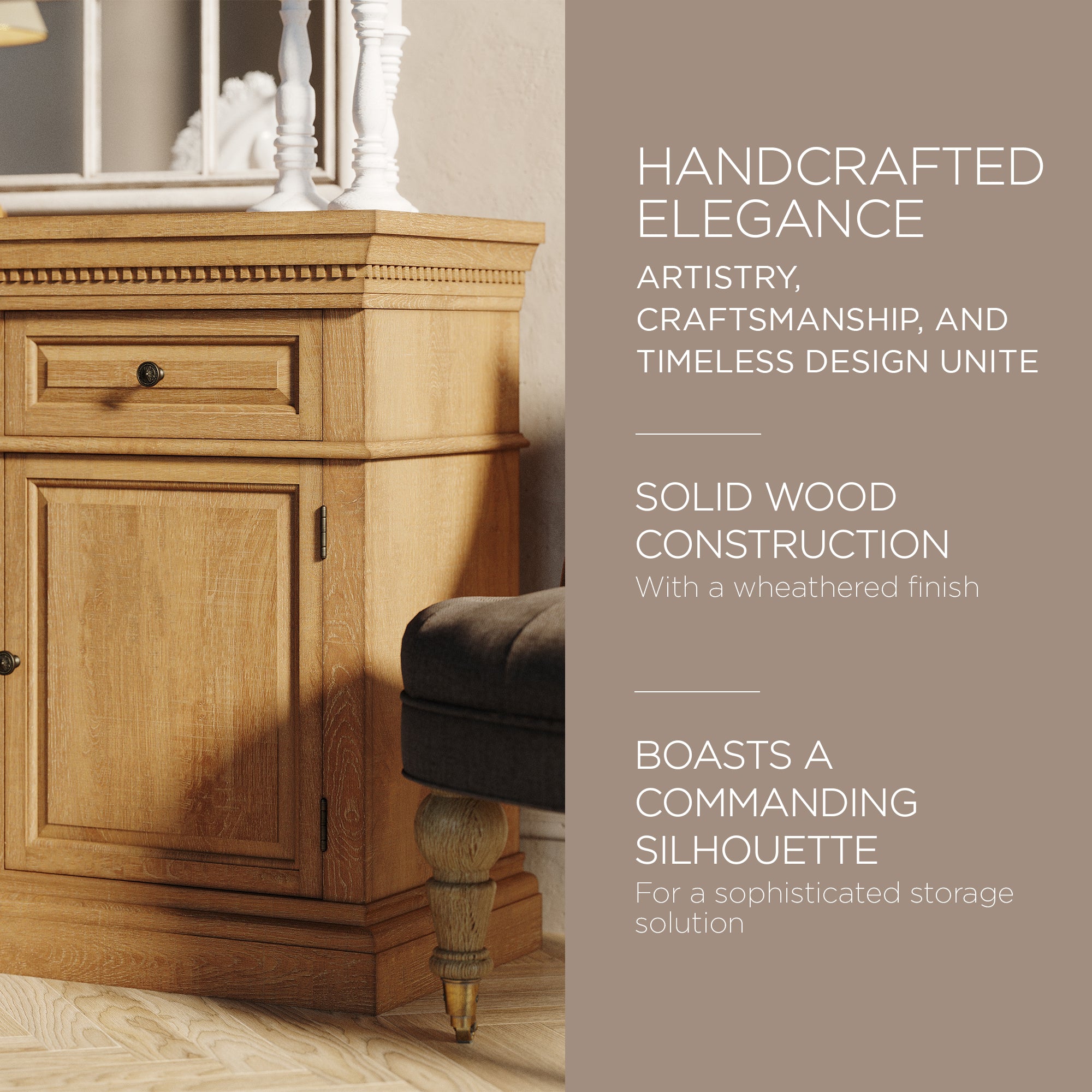 Maven Lane Theo Traditional Wooden Sideboard in Antiqued Natural Finish - VMInnovations