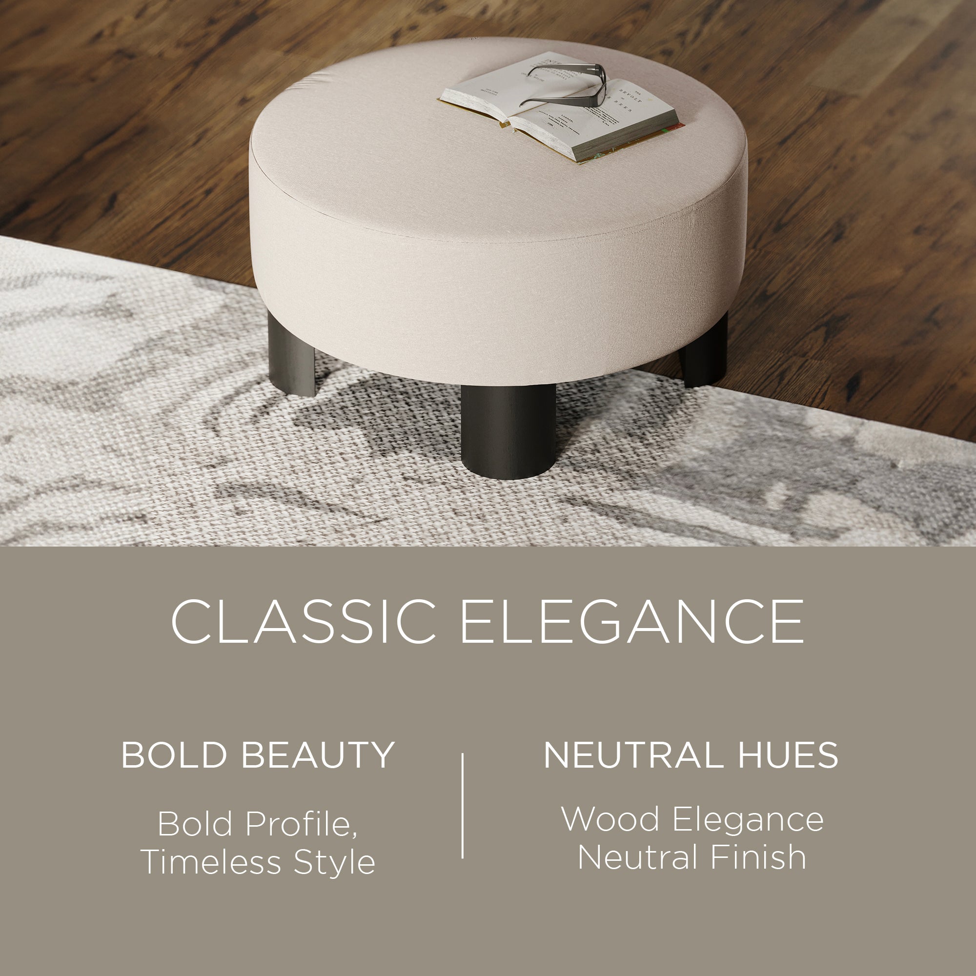 Maven Lane Celia Contemporary Upholstered Ottoman with Refined Black Wood Finish - VMInnovations