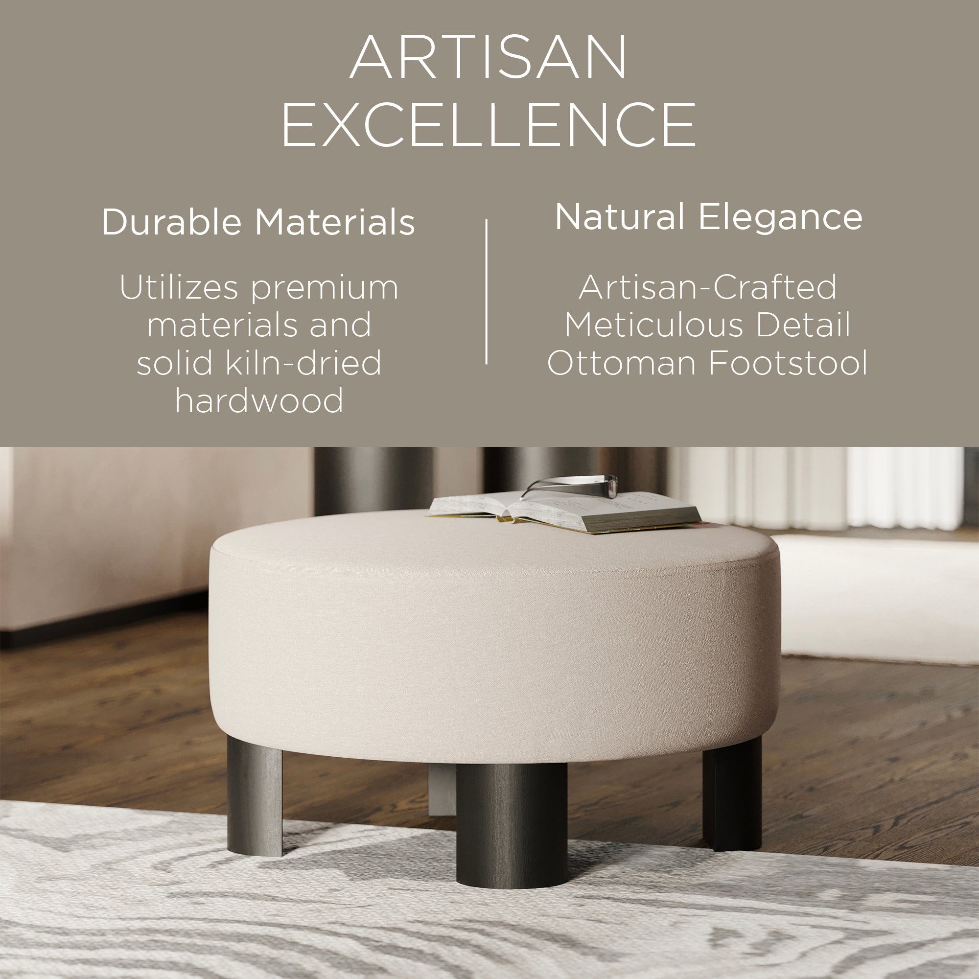 Maven Lane Celia Upholstered Ottoman with Refined Black Wood Finish (Open Box) - VMInnovations