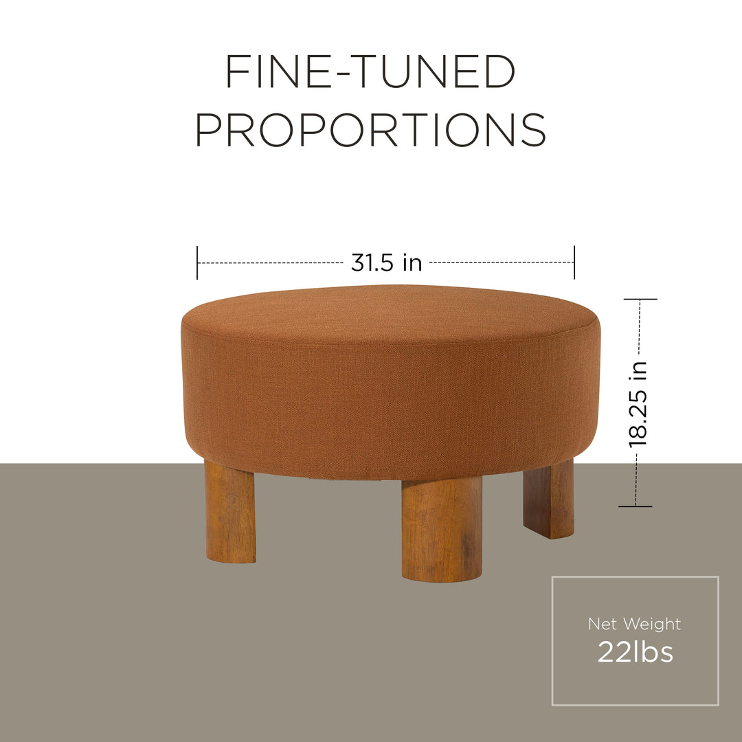 Maven Lane Celia Upholstered Ottoman with Refined Brown Wood Finish (Open Box)