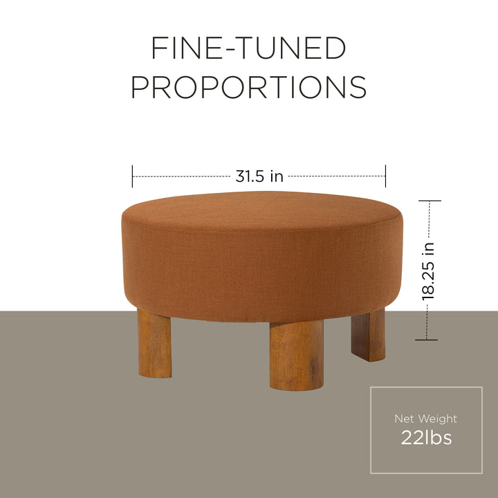 Maven Lane Celia Upholstered Ottoman with Refined Brown Wood Finish (Open Box)
