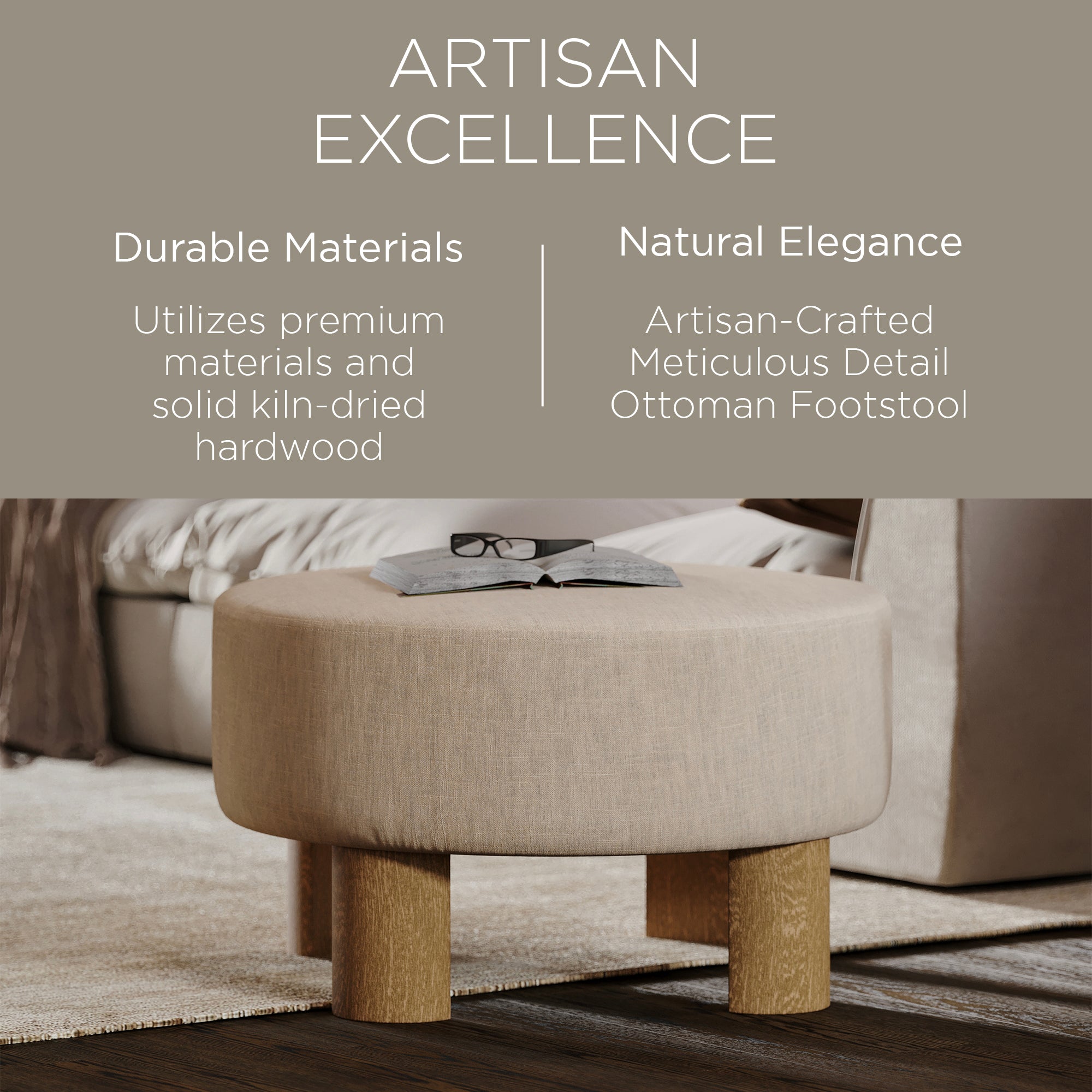 Maven Lane Contemporary Upholstered Ottoman w/Natural Wood Finish(Open Box) - VMInnovations