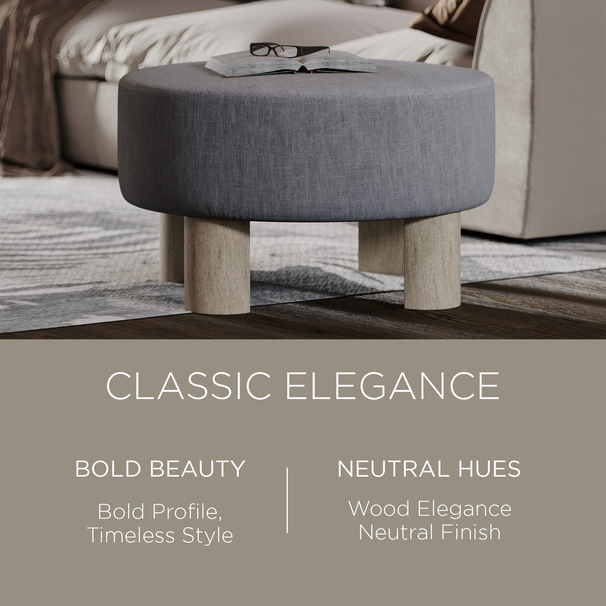 Maven Lane Celia Contemporary Upholstered Ottoman with Refined Grey Wood Finish - VMInnovations