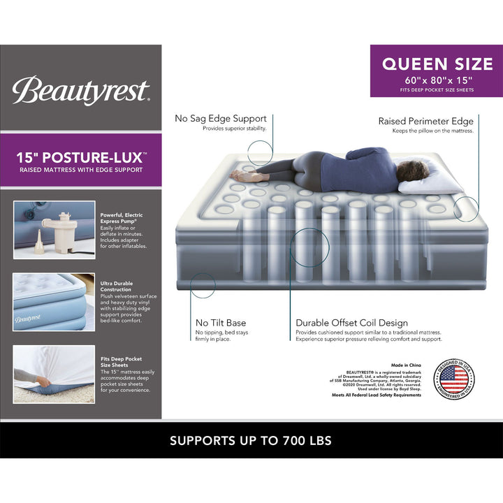 Simmons Beautyrest 15 Inch Posture Lux Air Mattress and Pump, Queen (Open Box)