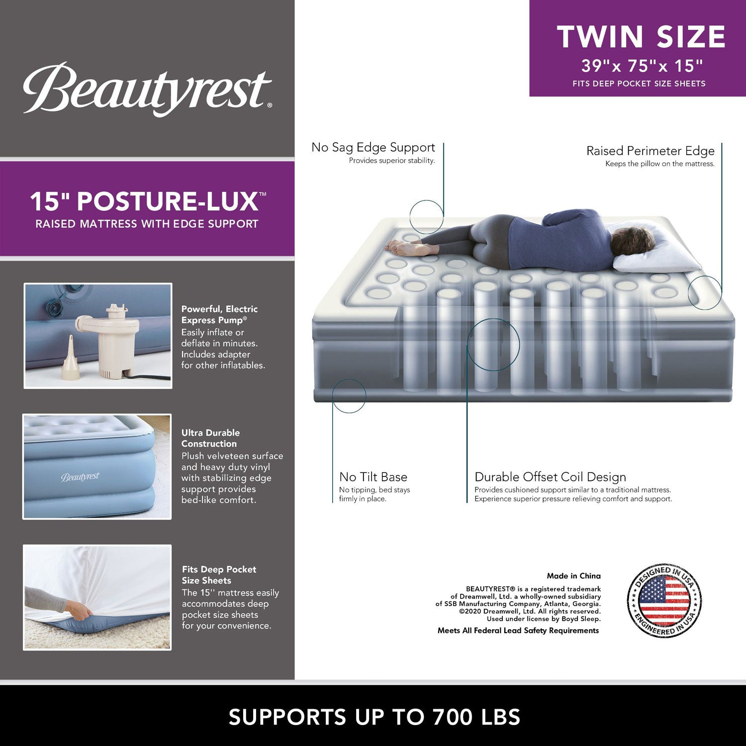 Simmons 15" Posture Lux Size Express Bed Air Mattress & Pump, Twin (Open Box) - VMInnovations