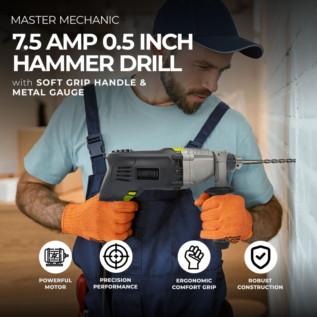 Master Mechanic 7.5 Amp 0.5 Inch Hammer Drill w/ Soft Grip Handle & Metal Gauge