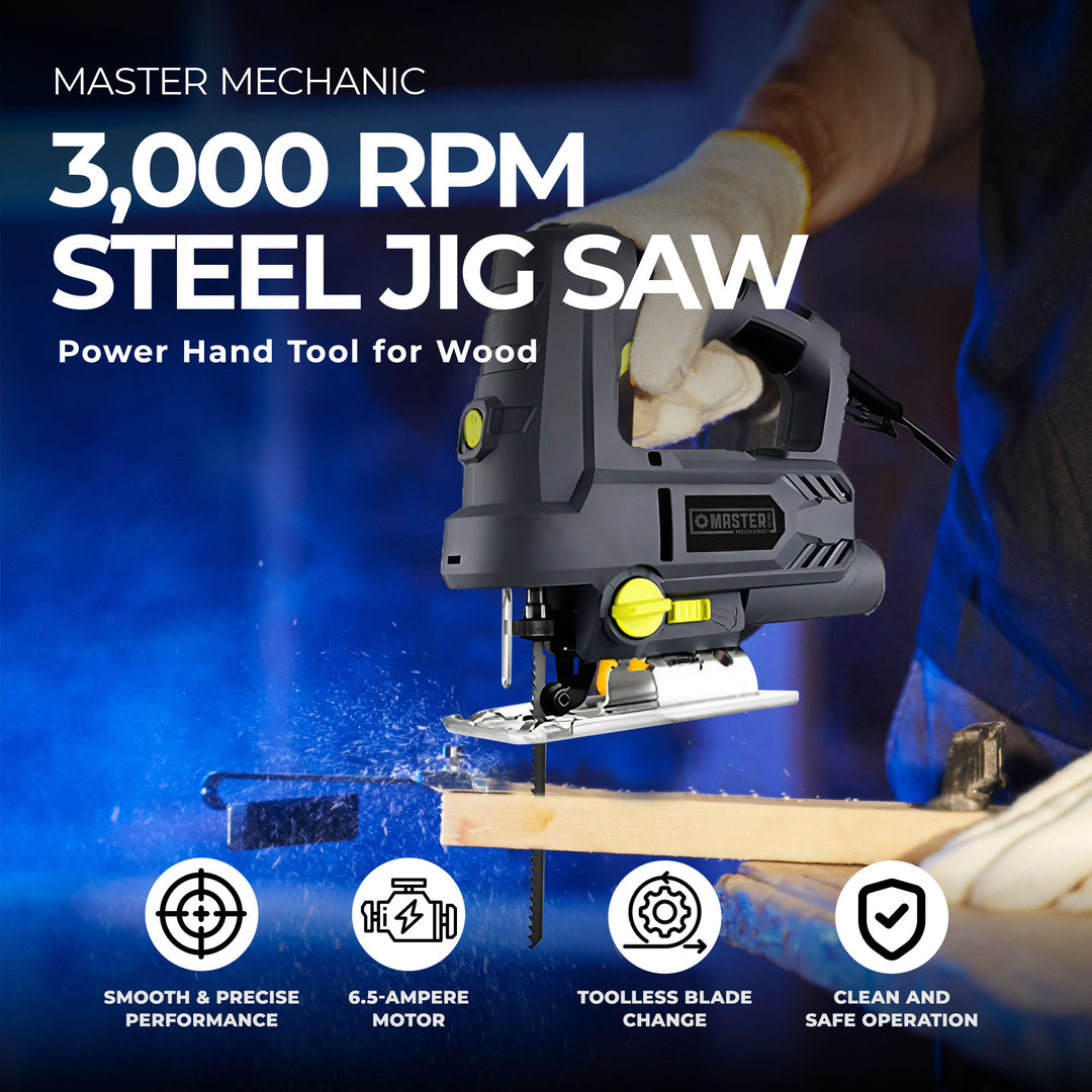 Master Mechanic 6.5 Amp 3,000 RPM Steel Jig Saw Power Hand Tool for Wood, Gray