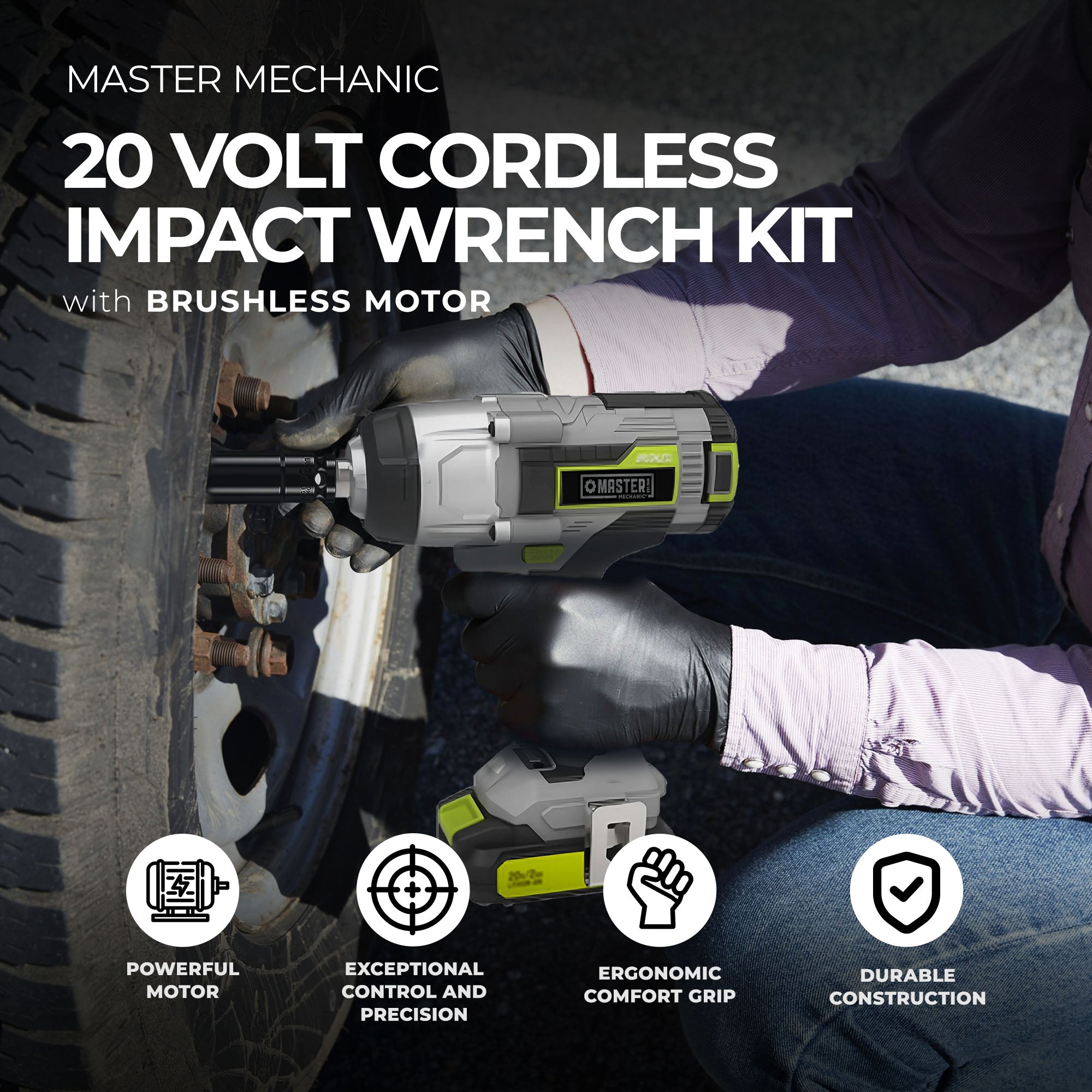 Master Mechanic 20 Volt Cordless Wrench Kit w/Brushless Motor, Grey (Open Box) - VMInnovations