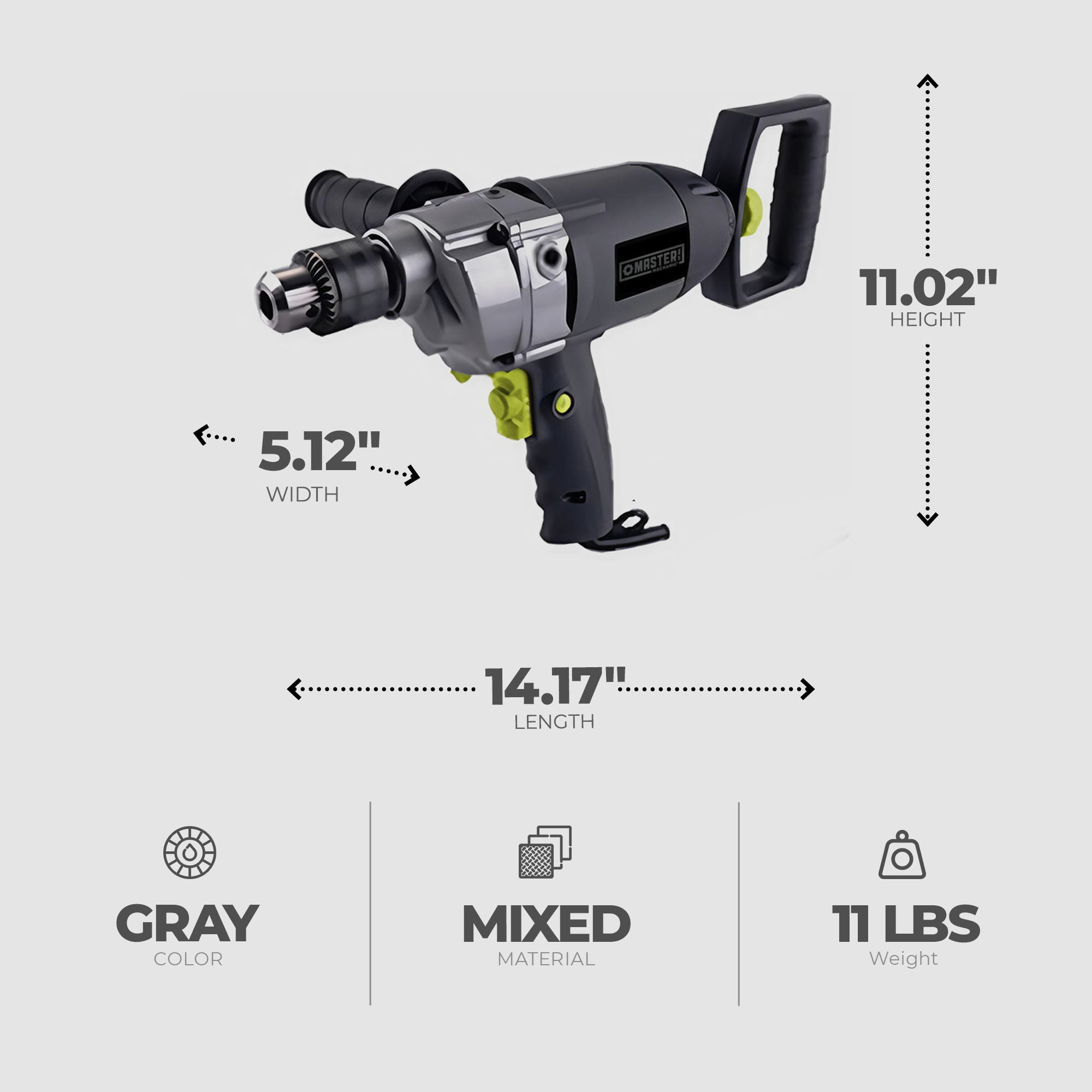 Master Mechanic 8.75 Amp Motor 0.5” Mixer Drill w/ Rear & Side Soft Grip Handles - VMInnovations
