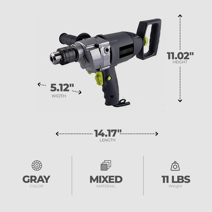 Master Mechanic 8.75 Amp Motor 0.5” Mixer Drill w/ Rear & Side Soft Grip Handles