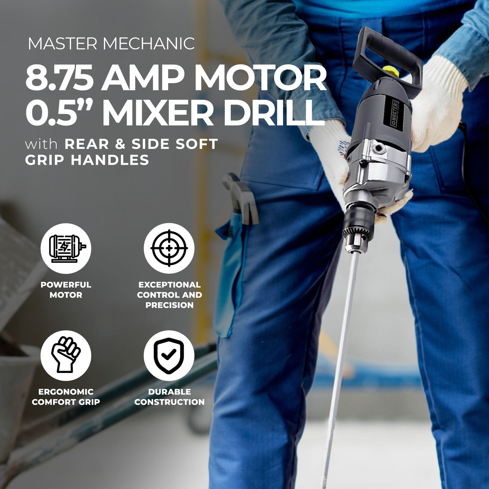 Master Mechanic 8.75 Amp Motor 0.5” Mixer Drill w/ Rear & Side Soft Grip Handles - VMInnovations