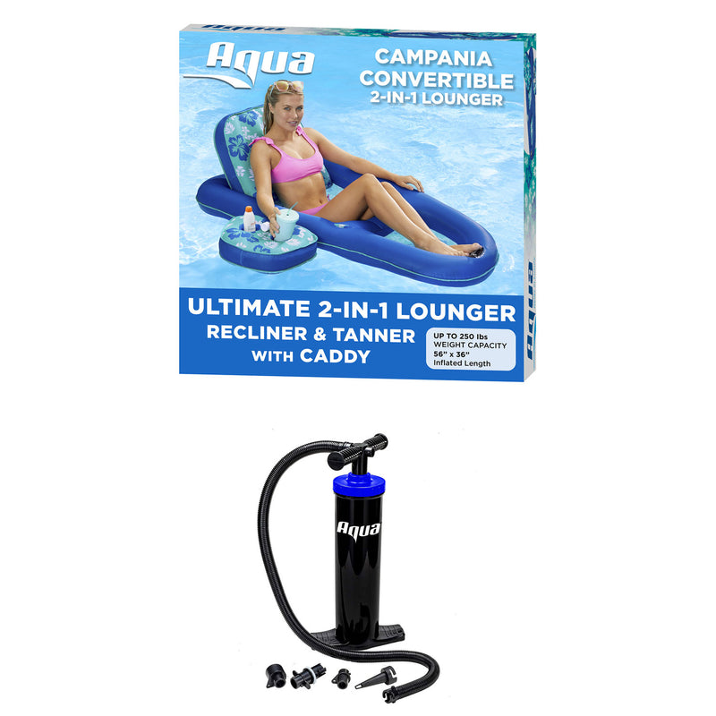 Aqua Leisure Campania 2 in 1 Pool Float w/ Caddy and Hand Pump, Teal Hibiscus