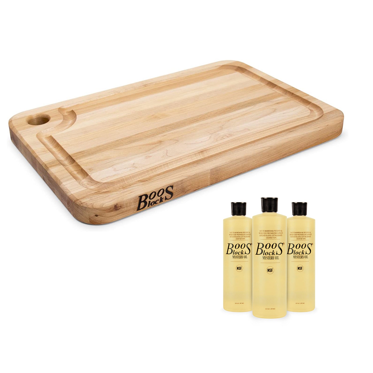 John Boos Block Maple Wood 18 x 12" Cutting Board & 3 Piece Maintenance Oil Set
