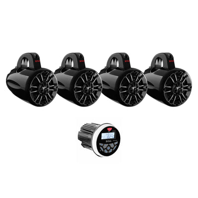 Boss Audio 4 In 2 Way 400W Marine Speaker Waketower (4 Pack) with 3 In Receiver