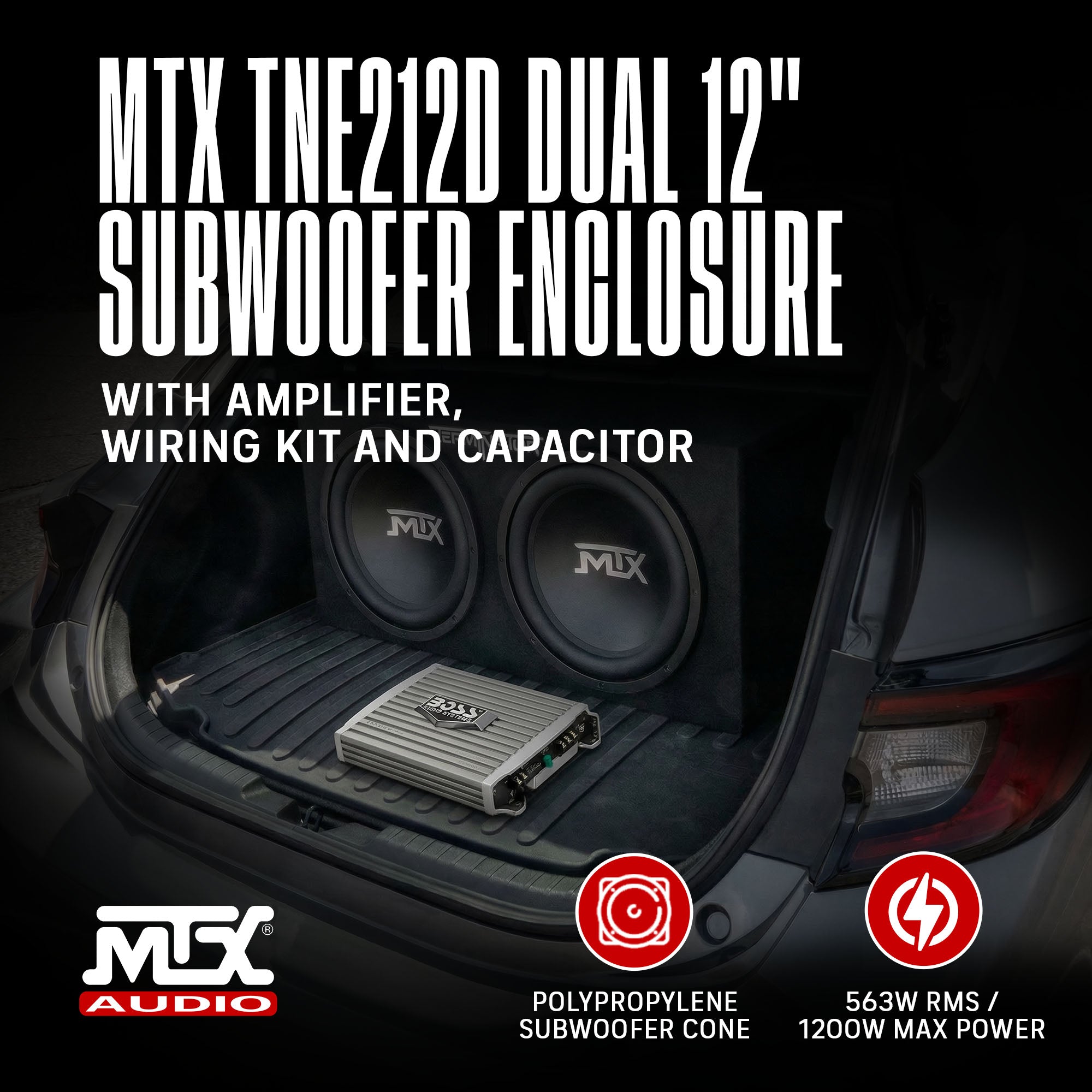 MTX TNE212D 12" 1200W Dual Loaded Subwoofer Box + 1500W Amplifier + Capacitor - VMInnovations