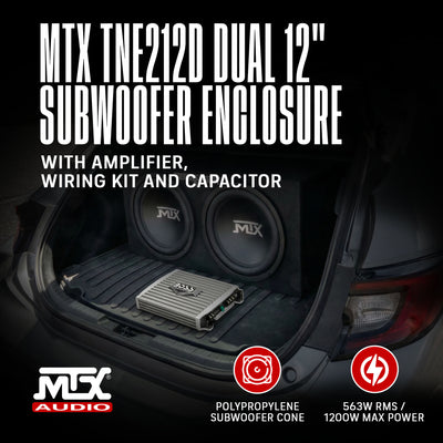 MTX TNE212D 12" 1200W Dual Loaded Subwoofer Box + 1500W Amplifier + Capacitor - VMInnovations