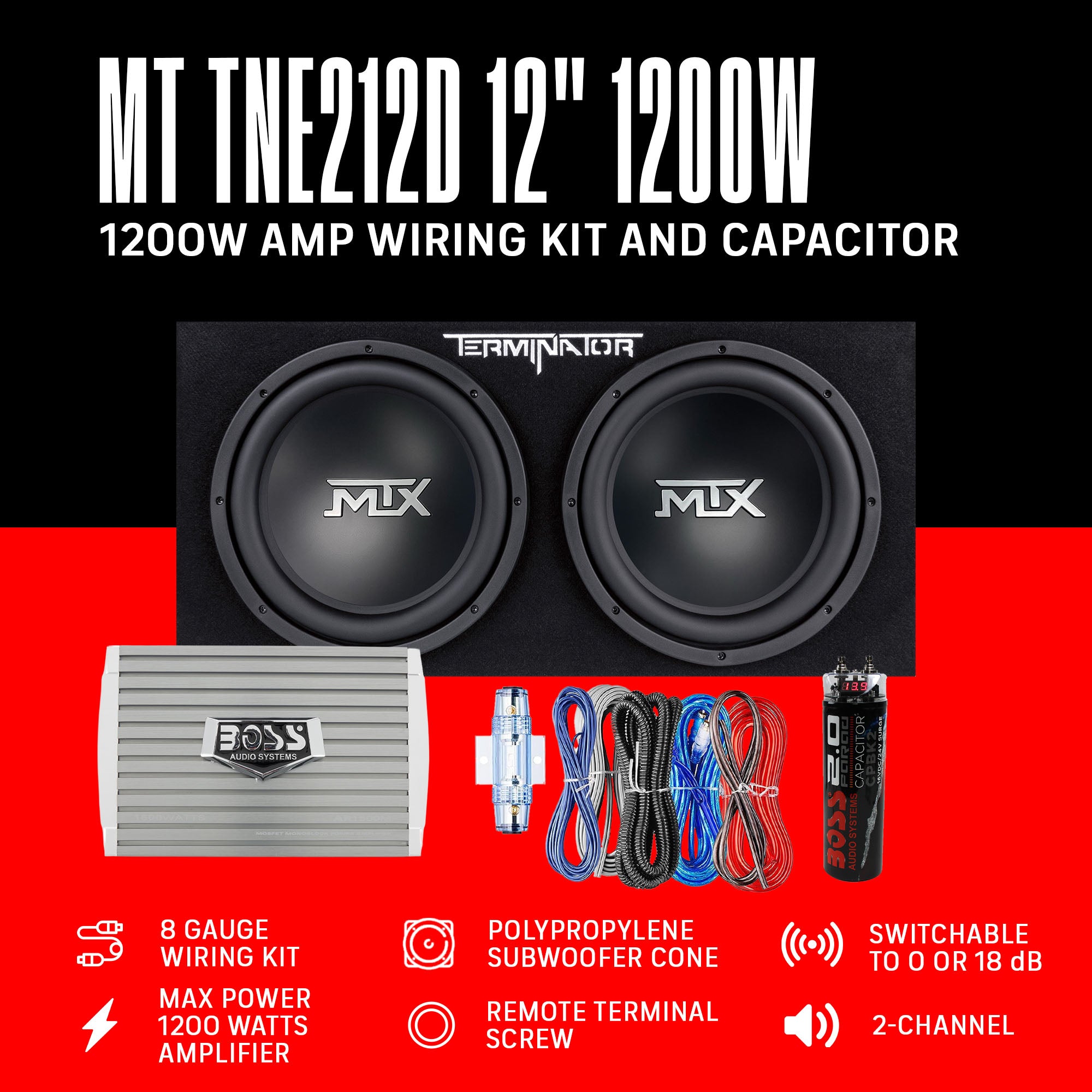 MTX TNE212D 12" 1200W Dual Loaded Subwoofer Box + 1500W Amplifier + Capacitor - VMInnovations