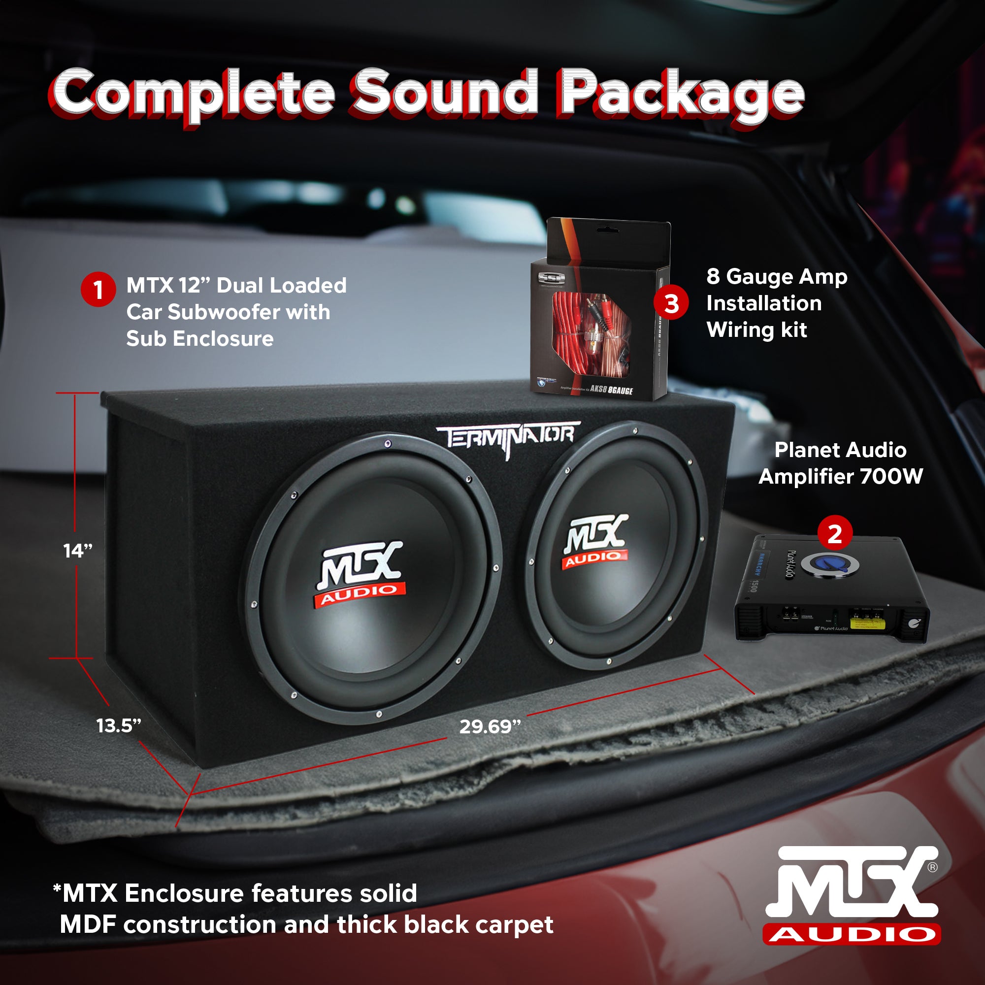 MTX TNE212D 12" 1200W Dual Loaded Car Subwoofers Box & Planet 1500W Amp with Kit - VMInnovations