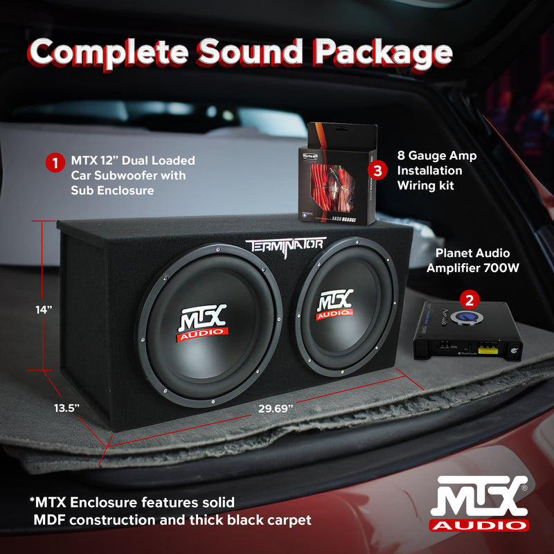 MTX TNE212D 12" 1200W Dual Loaded Car Subwoofers Box & Planet 1500W Amp with Kit
